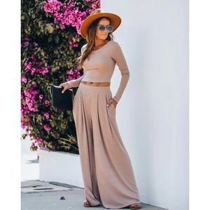 Vici Hermosa Ribbed Long Sleeve Crop Top & Pocketed Wide Leg Pants Set